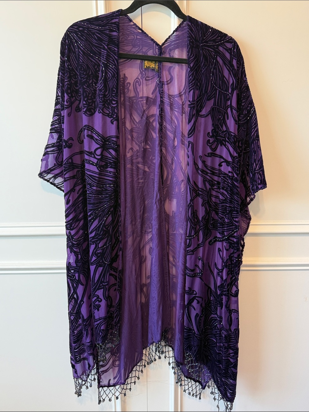 Kirks Folly Purple and Black Sheer Beaded Kimono